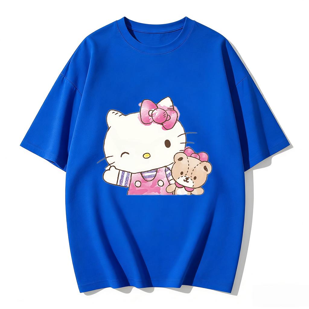 2026 New Hello Kitty Teddy Bear Watercolor Cartoon Print Tshirt Family Matching Outfits Casual Short Sleeve Tee Women Unisex Kids