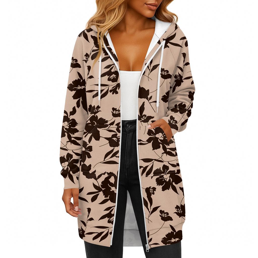 Women's Fashionable Printed Long Sleeved Drawstring Hooded Zipper Pocket Long Casual Sweatshirt Jacket