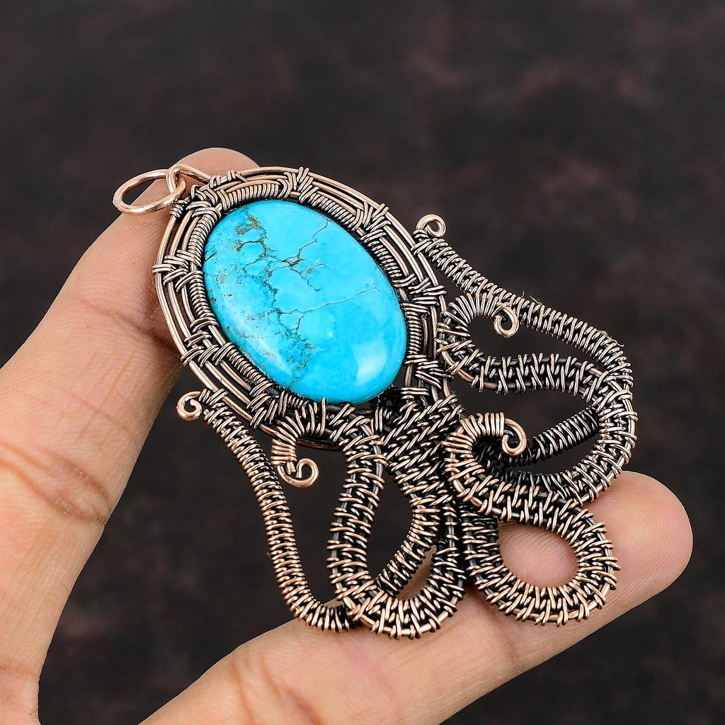 Tibetan Turquoise Pendant Copper Wire Wrapped Pendant Dainty Copper Jewelry Handmade Octopus Pendant Gift For Her Wire Wrap Gemstone Jewelry