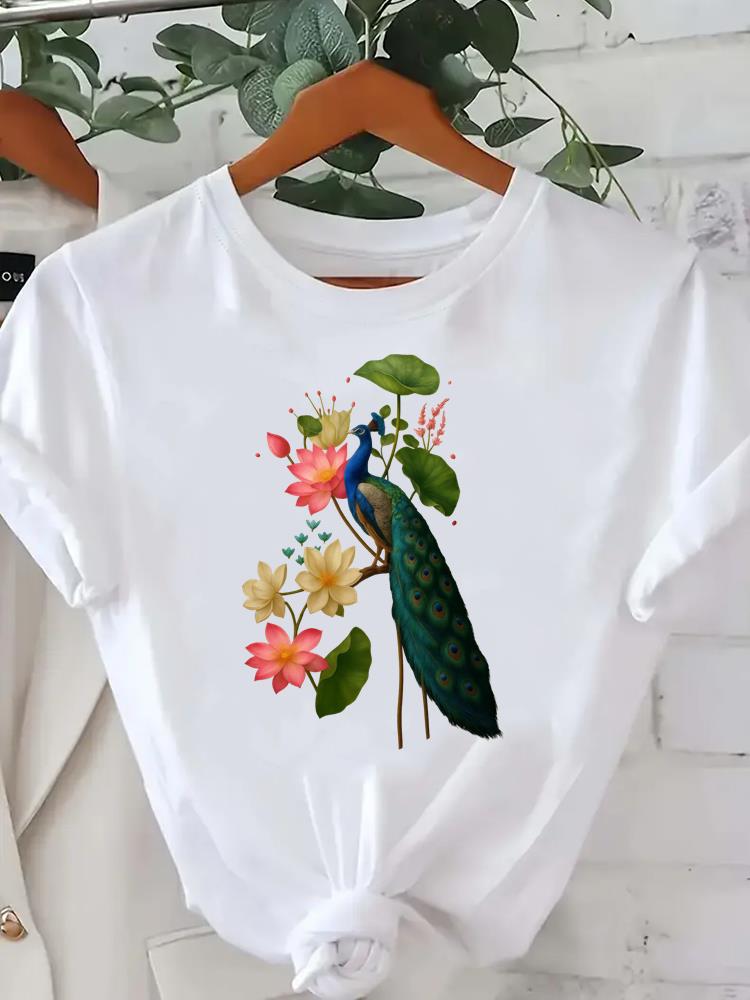 (Азиатский размер) Футболка в стиле сладких цветов Женская одежда Женская футболка с принтом Модный повседневный топ для женщин Графические футболки с коротким рукавом