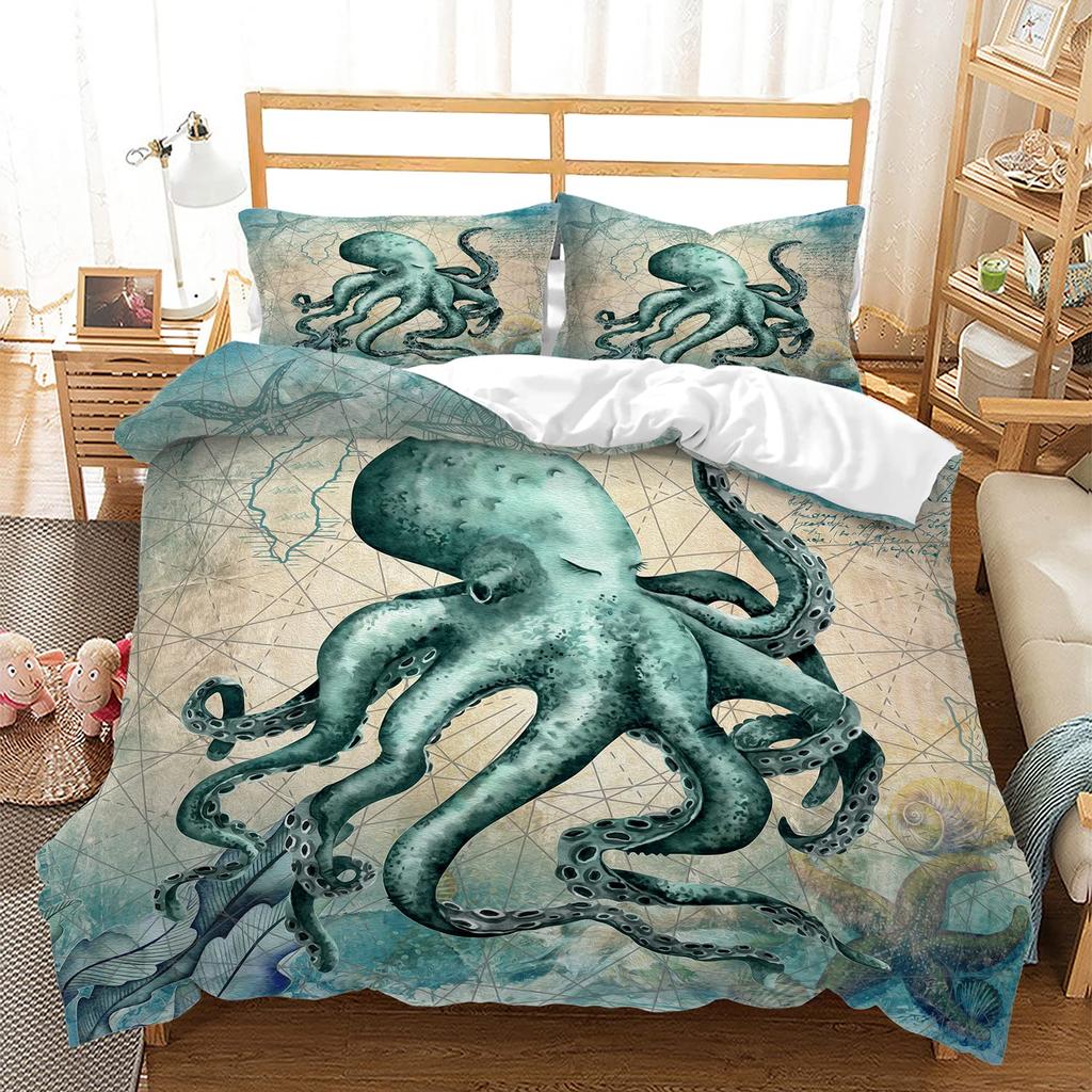 Octopus Duvet Cover Set Blue Octopus Undersea Animals Comforter Cover Kids Teens Boys Room Decor Polyester Bedding Duvet Covers