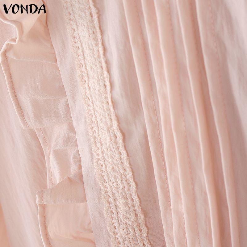 VONDA Women Casual Round Neck Ruffled Lace Hem Loose Long Sleeve Blouse