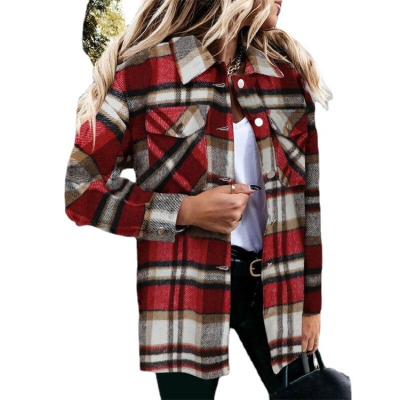 Осенняя женская куртка модная тонкая с длинным рукавом клетчатая повседневная зимняя куртка винтажная карманная рубашка куртка женская