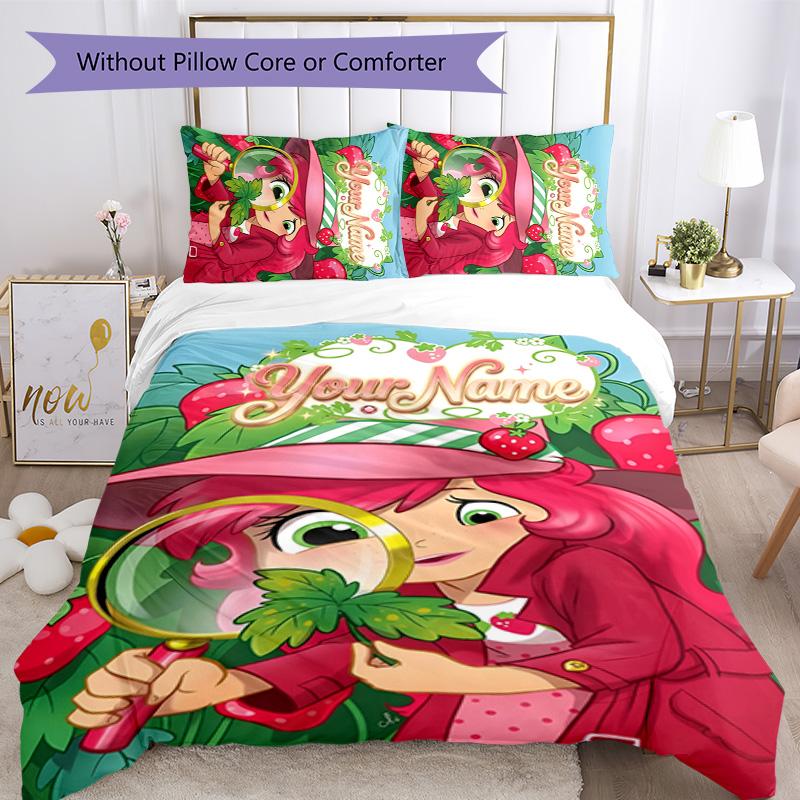3pcs Princess Strawberry Cover Set - Personalized Name, HD Printed Bedding with 1 Cover and 2 Pillowcases - Perfect for Home Decor, Easy Care