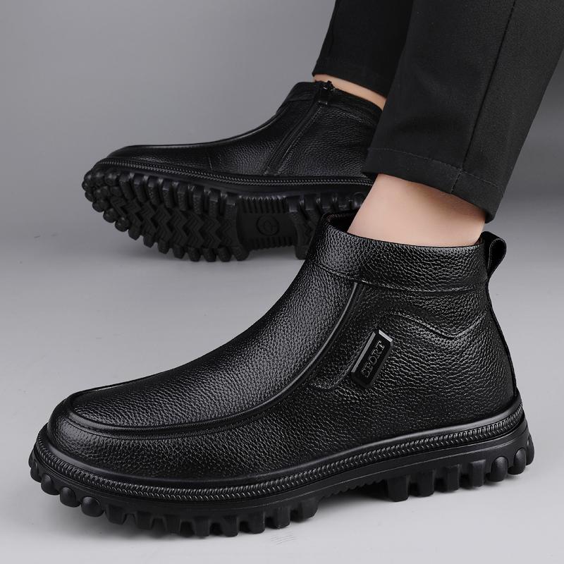 Ботильоны мужские из натуральной кожи с боковой молнией, повседневная обувь для мужчин, высококачественные деловые низкие туфли, мужские зимние плюшевые ботинки для снега