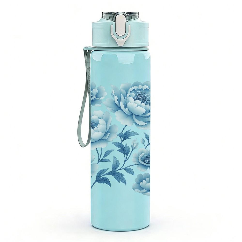 1PC Blue Rose Bouquet Pattern 750ml Color Plastic Sports Water Bottle Leakproof Flip Straw Lid Suitable for Sports Office Home Use