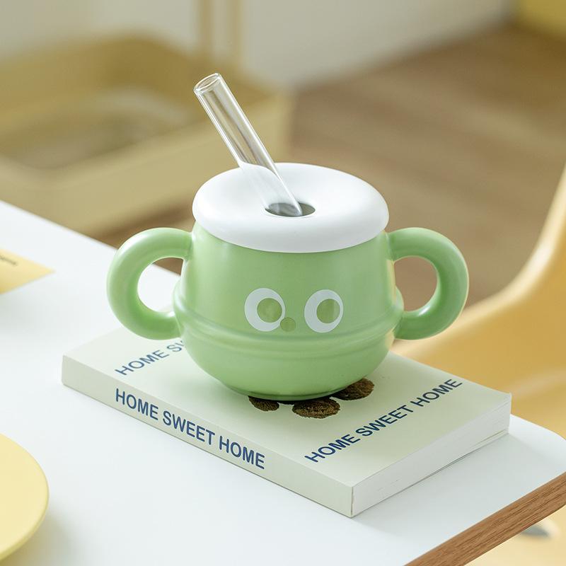 Ceramic mug with lid Student office Double handle Straw cup Expression ins Ceramic cup office