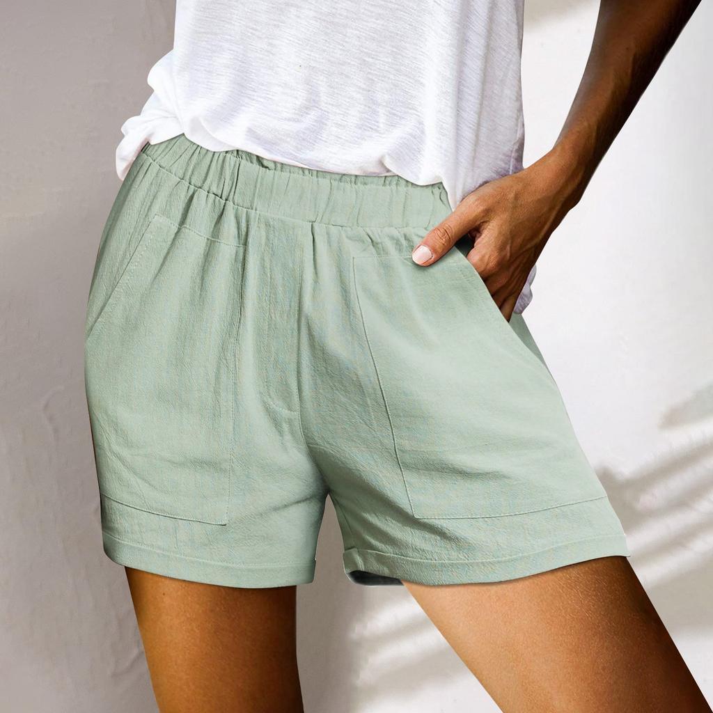 Женские льняные шорты, повседневные широкие брюки, летние рабочие плиссированные шорты с эластичной резинкой на талии, пляжные шорты с карманами