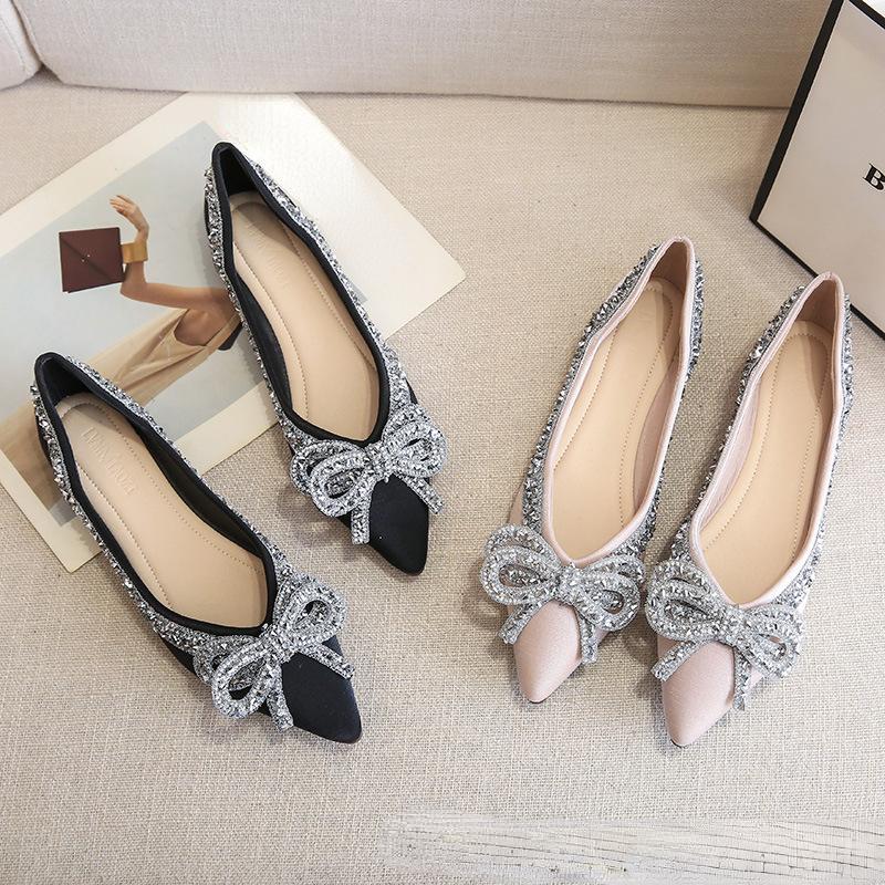Модные женские туфли со стразами, лето 2024, женская обувь большого размера с острым носком на плоской подошве и бантом, Zapatos De Mujer