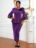 Elegant Purplet Bodycon Dress for Women Glitter Peplum Top with Ruffle Sleeves and Lace Trim Church Outfit Wedding Guest Formal Wear