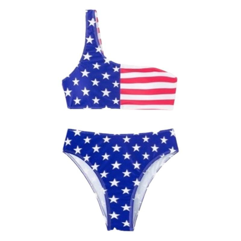 Women's European & American Flag-Inspired Two-Piece Swimsuit - Painted Design, Sexy & Gathered Bikini