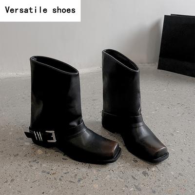 Дизайнерские женские сапоги в стиле вестерн, модные туфли с квадратным носком и пряжкой на ремне, осень-зима, толстый каблук, женские короткие сапоги в стиле рыцаря