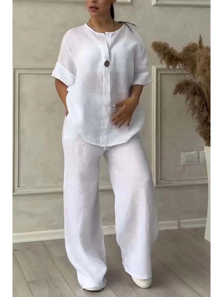 Европейский и американский летний модный женский комплект из хлопка и льна с V-образным вырезом и длинными рукавами на 2025 год