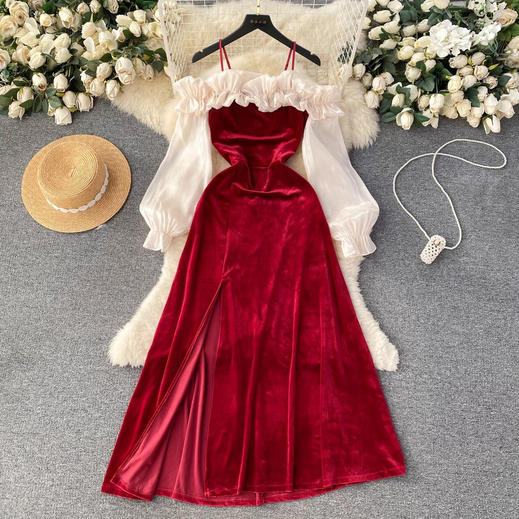 Elegant Ruffle Patchwork Velvet Dress Women Contrast Color Long Sleeve Split Evening Dresses Autumn Winter New Sweet Red Prom Clothes