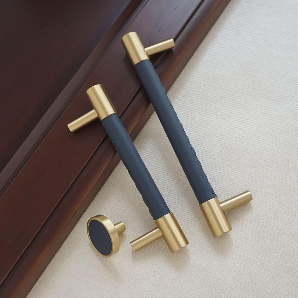 Темно-синие кожаные ручки для ящиков, медные ручки для шкафа, круглые ручки для ящиков шкафа (5" Отверстие к Отверстию)