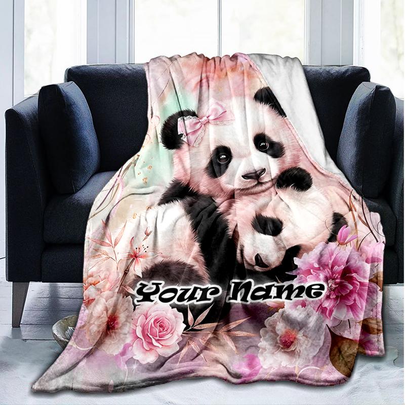 1PC Custom Name Panda Love Flowers Artwork flannel blanket versatile,all-season throw suitable for the living room,bedroom,camping,travel,and gift