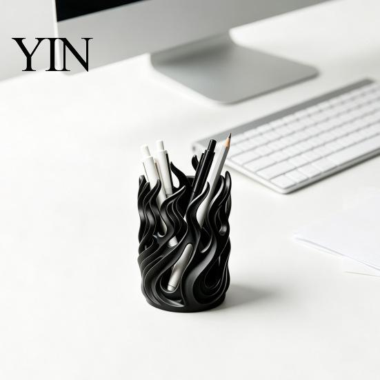 Creative Desk Ornaments Flame Shape Pen Holder, 3D Printed Hollow Pencil Cup, Desktop Storage for Utility Knives Decorative Organizer Makeup