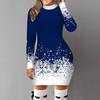 2024 Women Fall Winter Dress Snowflake Print Gradient Color Matching Slim Fit Sheath Thick Warm Long Sleeve Round Neck Lady New Year Party Mini Dress