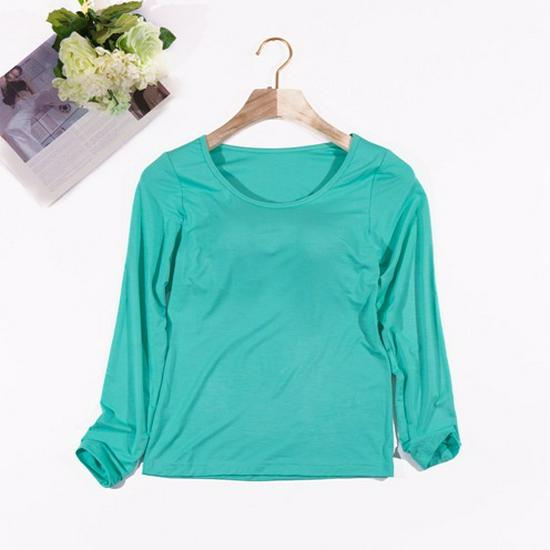 Женский однотонный топ с длинным рукавом и встроенной чашкой бюстгальтера – простой осенне-зимний стиль