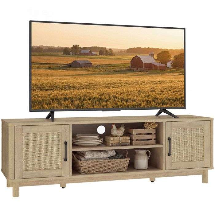 Meuble TV - HOMCOM - pour téléviseur jusqu'à 65" - 2 portes en rotin, 2 compartiments ouverts - bois - 135 x 39 x 45 cm - chêne