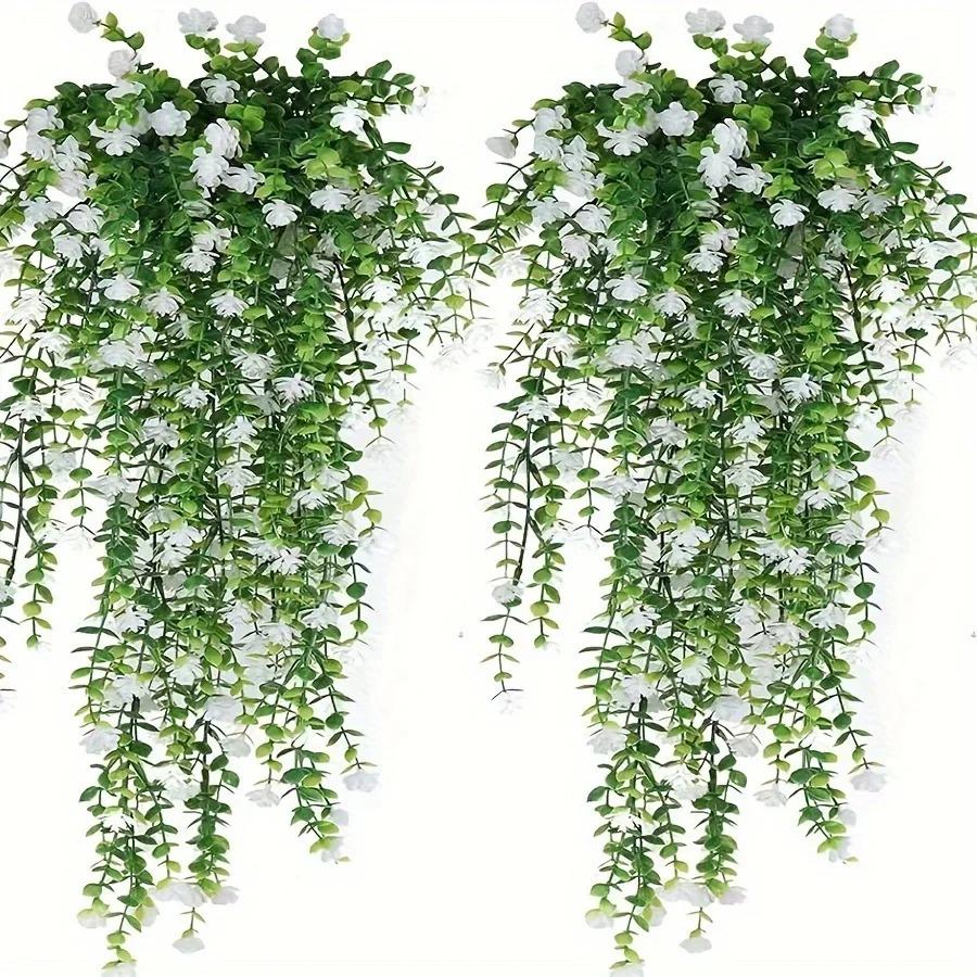 2pcs Artificial Hanging Plants Fake Hanging Plant Faux Eucalyptus Leaf Greenery Vine Outdoor UV Resistant Plastic Plants