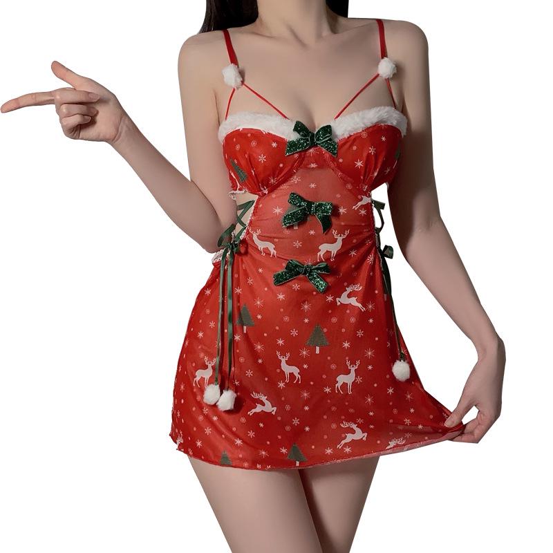 Stunning Plus Size Deep V Christmas Lingerie Set: Sweet & Seductive Mesh Camisole Nightgown