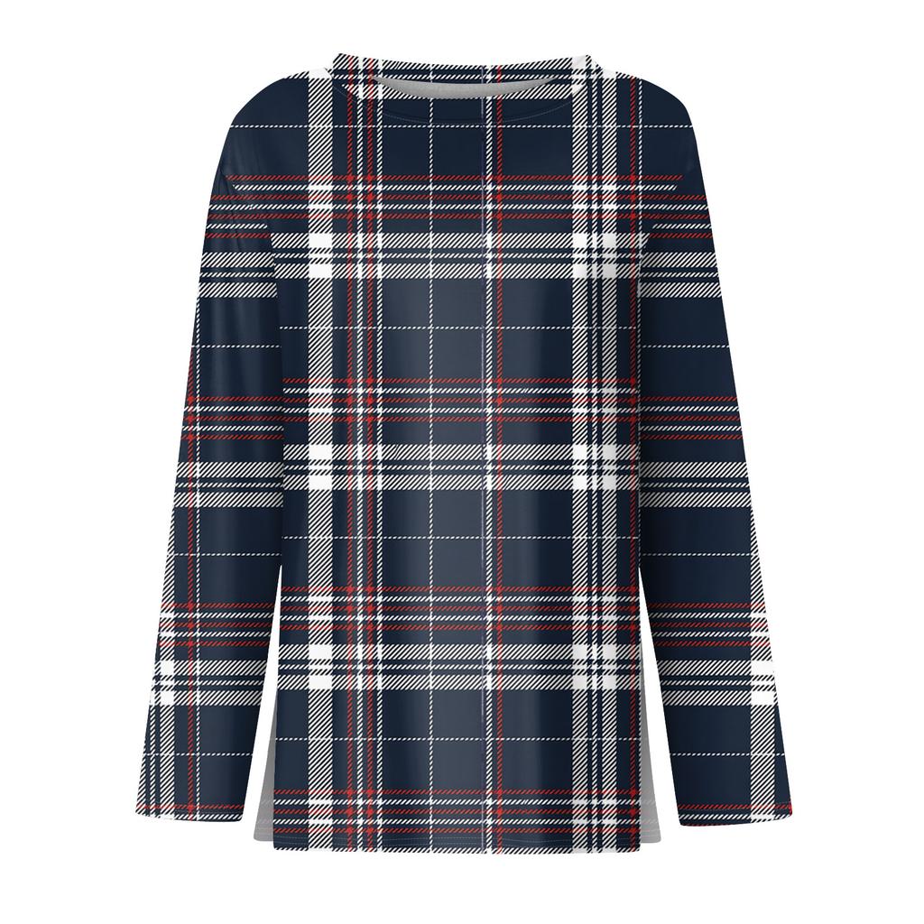 Women's Fashion Casual Slit Hem Round Neck Long Sleeve Loose Printed T-Shirt Ladies Top