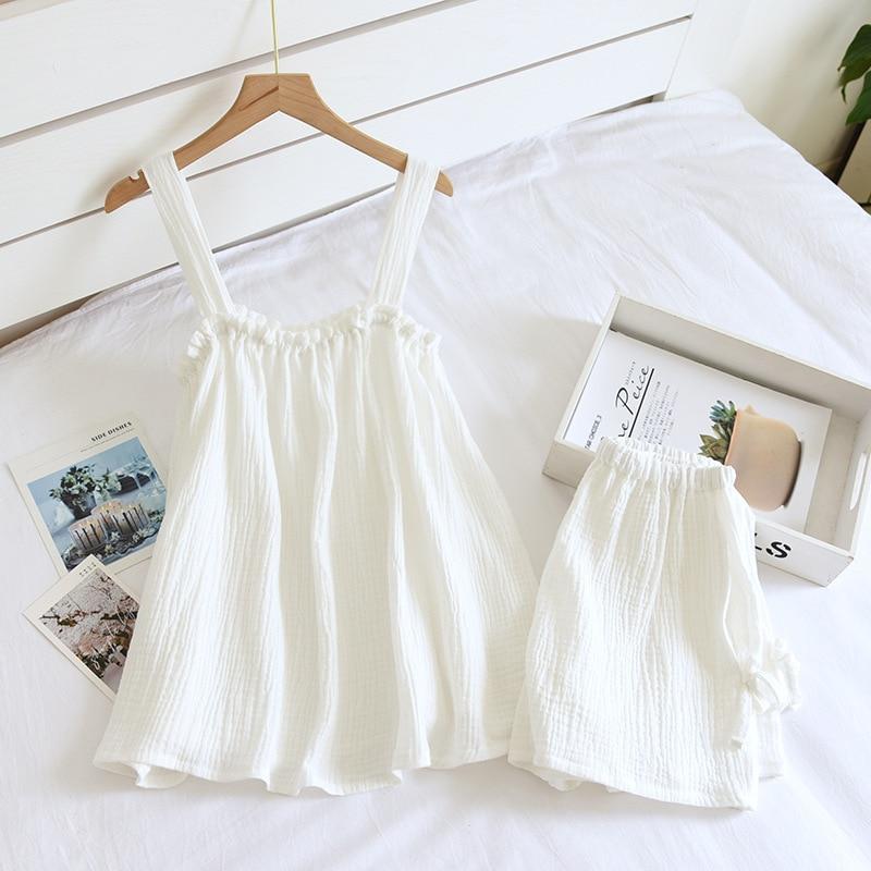2025 Summer New Style Ladies Pajamas Two-piece 100%Cotton Crepe Suspender Shorts Vest Suit Sweet And Loose Home Service Sexy Pjs