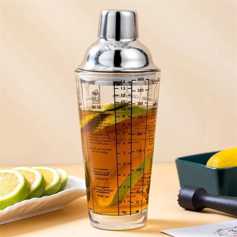 Glass Cocktail Shaker Hand Shaker Cup with Scales 400/600ML Metallic Steel Lid Strainer Milk Tea Wine Drink Shaker Mixer Bar 5