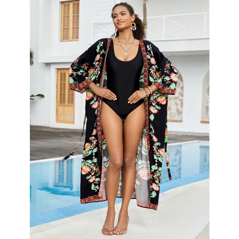 Плюс Размер Женский Пляжный Принт Кардиган Бикини Солнцезащитный Купальник С Накидкой