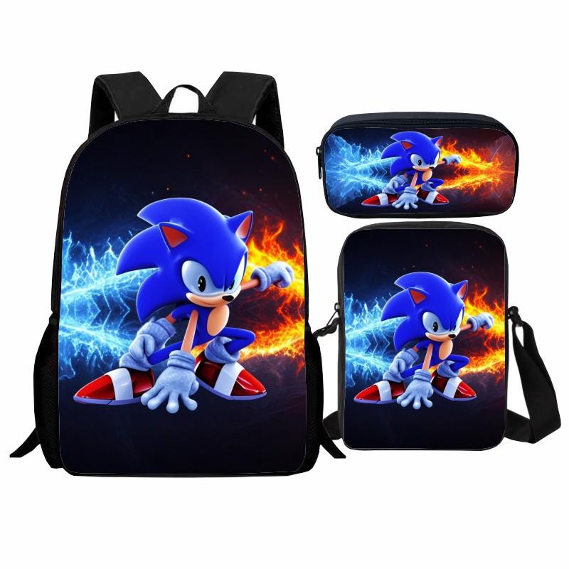 Printed Sonic Student School Bag Three-piece Set, Casual Sonic Backpack Crossbody Bag Pencil Bag Men and Women