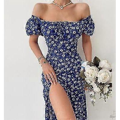 Elegant Sweet Floral Print Dress For Women Summer Dresses Strapless Short Puff Sleeve Slim Hem Slit Maxi Dress