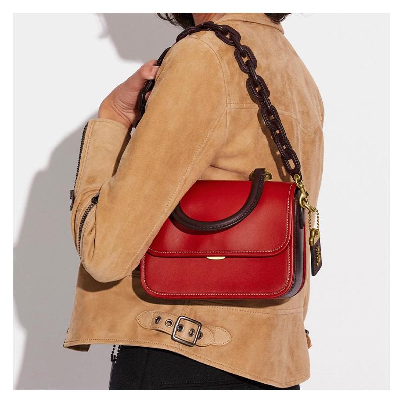 COACH Rogue 22 Flap Chain Leather Accordion Bag Small Square Bag Crossbody Bag Handbag Small Women's Red/Brown