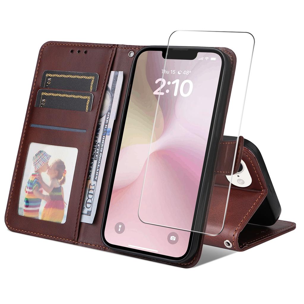 For iPhone 16e PU Leather Wallet Case Phone Stand Cover with Tempered Glass
