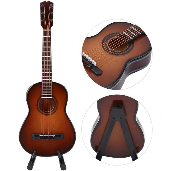 Wooden Mini Guitar Model with Stand Tiny Classical Guitar Figurine Miniature Musical Instrument Ornament Home Office Desktop Decoration