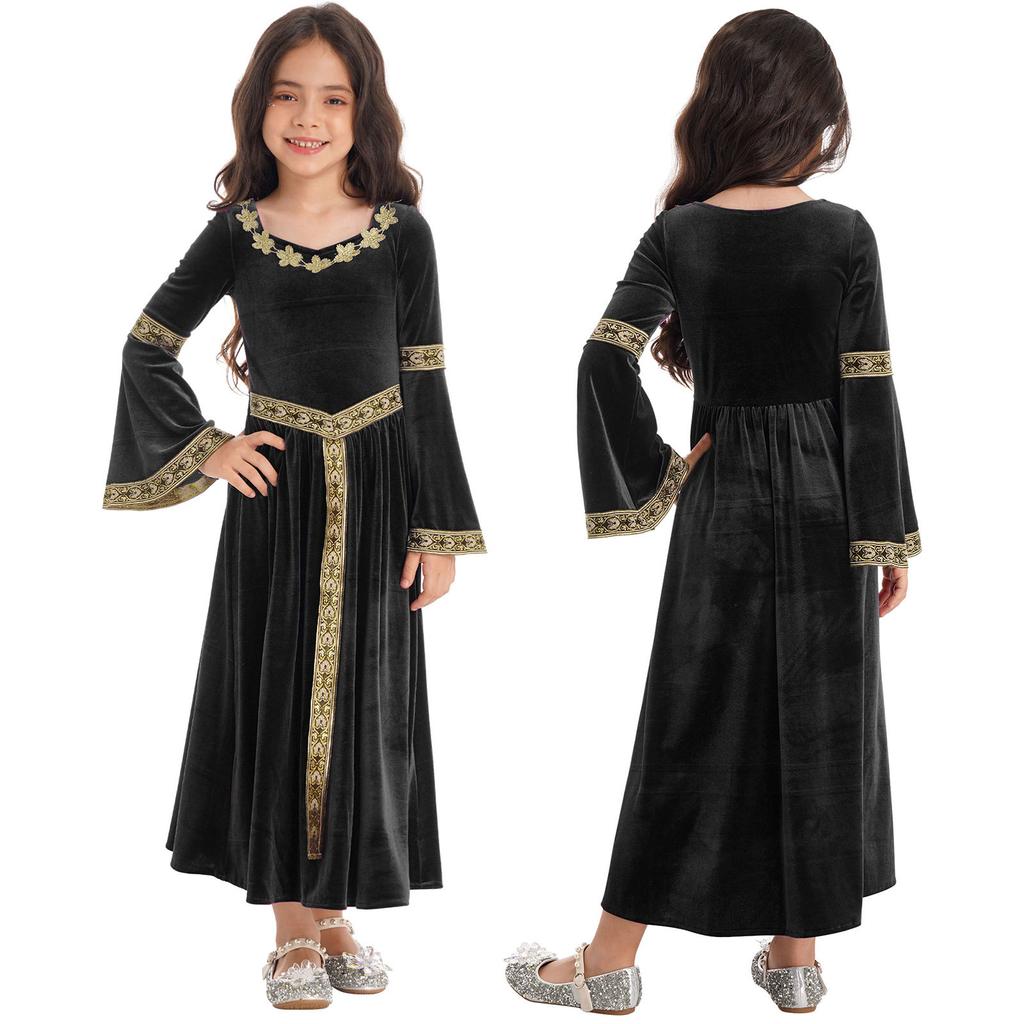 Kids Girls Stylish Medieval Princess Long Flare Sleeve Vintage Pattern Dress