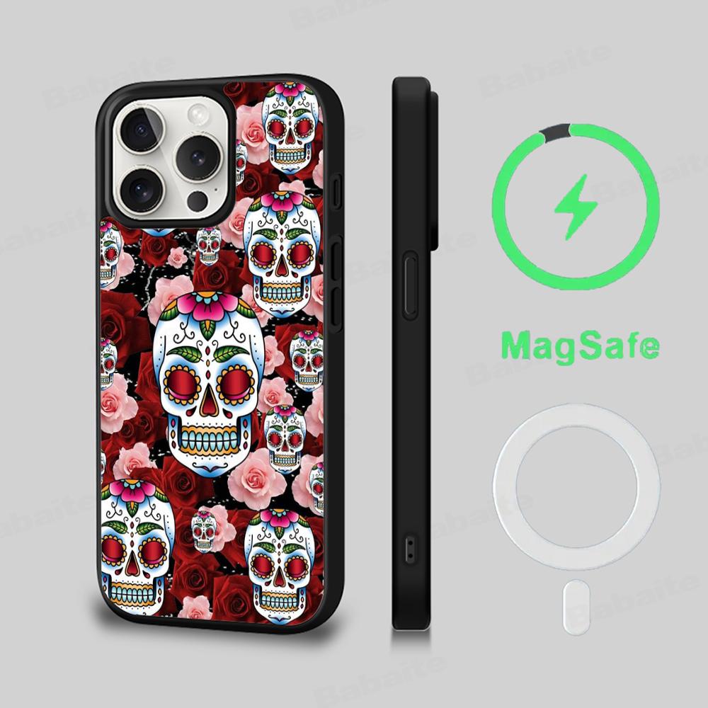 Жуткие узоры в виде черепов Чехол для телефона Магнитный чехол Для IPhone 16 14 13 12 11 15 Pro Max Plus Для Magsafe Беспроводная зарядка Чехол