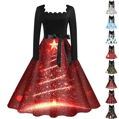 Женское повседневное модное рождественское платье с квадратным вырезом в винтажном стиле