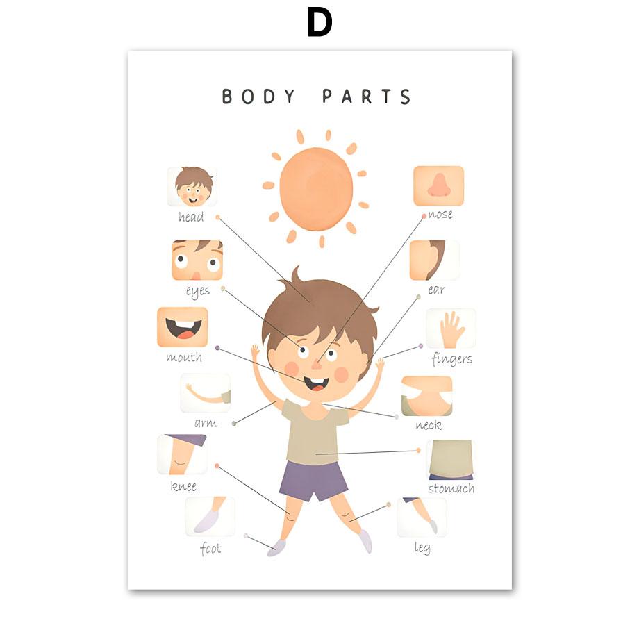 Обучающие части тела, плакаты и принты, школьная детская настенная живопись, холст, настенные картины, декор для детской игровой комнаты