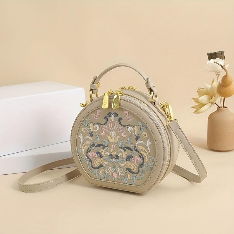 Круглая сумка через плечо с винтажной вышивкой, сумка на молнии, классическая трендовая нишевая сумка-саквояж