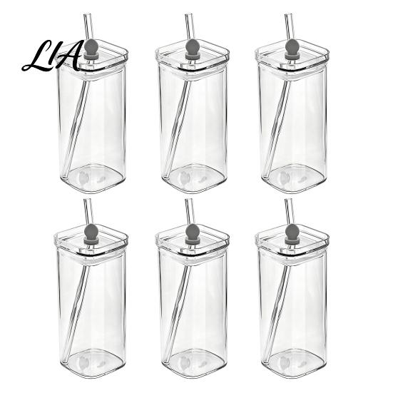 Versatile Glass Cups for Smoothies Cup with Lid And Straw, Square Clear Borosilicate Heat Iced Coffee Glassware Home Office Resistant Tumbler,