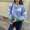 Women Autumn Winter Blue Sky and White Cloud Printed Loose Round Neck Knitted Sweater
