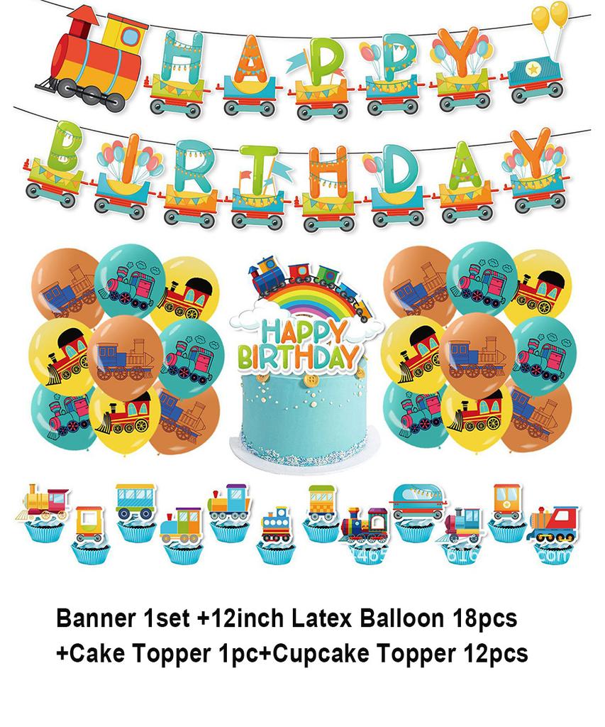 Cartoon Train Theme Birthday Party Decoration Number Balloons Cake Topper Transportation Vehicles Backdrop Banner Party Supplies