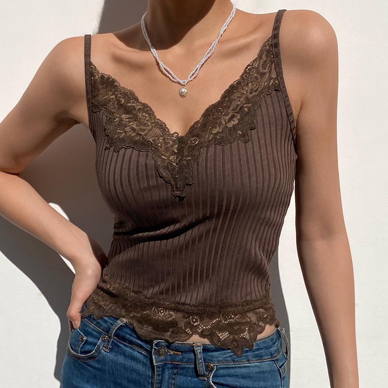Lace Stitching Deep V Sling Sexy Slim Navel-Baring Tank for Women - Summer 2021 European & American Style