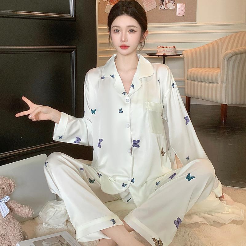 Spring and autumn pajamas women's ice silk long-sleeved ins new French fairy butterfly silk high-end loungewear