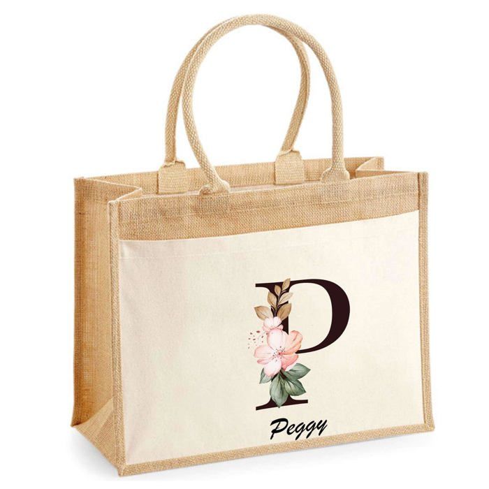 Sac de plage - PLANETEE - Jute avec poche Peggy Lettre Fleur - Coton naturel - Grande contenance - Imprimé en France