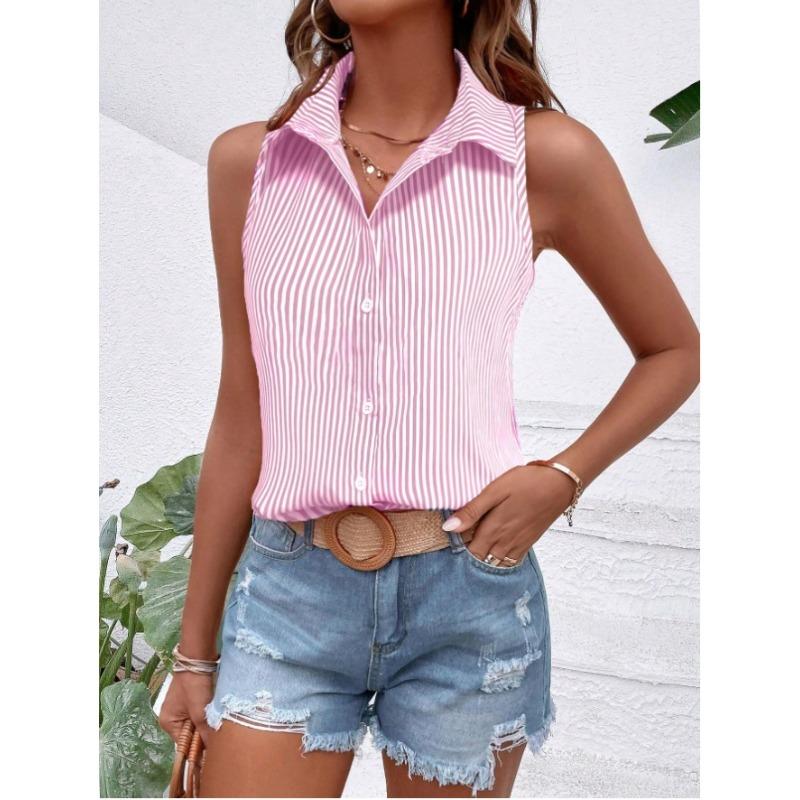 JKASHDK Женская Мода Повседневные Летние Весенние Блузки и Рубашки Без Рукавов с Поло-Воротником в Полоску