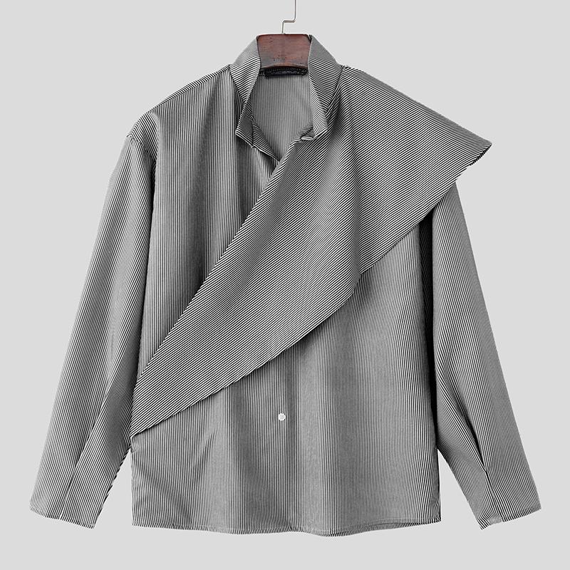 INCERUN Men Long Sleeve Front Cross Irregular Layers Patchwork Striped Casual Cape Shirts