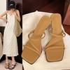 Fashion Slippers Women Summer Shoes Pantofle Heeled Mules Luxury Slides Low Square heel 2025 High Designer Block Fashion Fabric Rubber