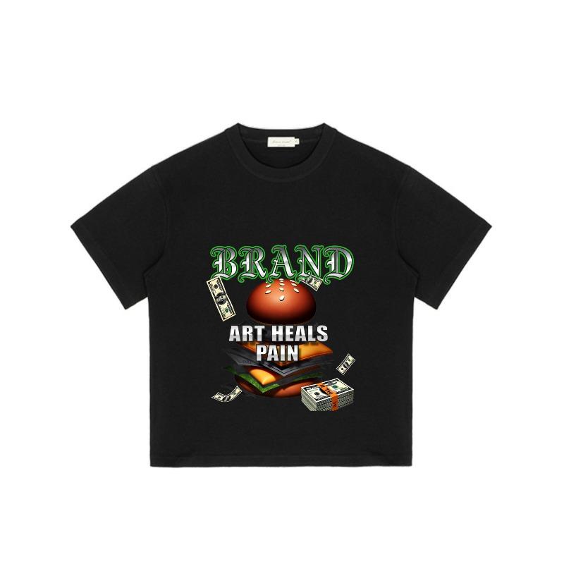 Черная футболка с принтом 'Brand Art Heals Pain Burger And Money' для повседневной носки